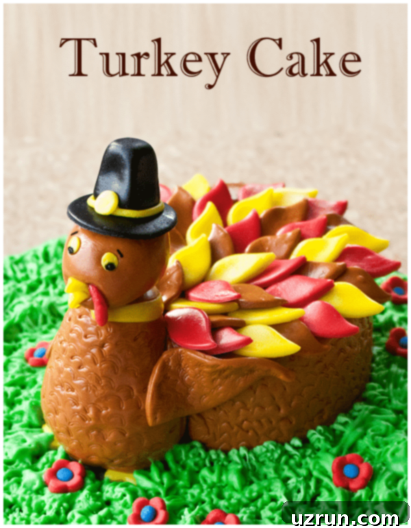 Easy Homemade Turkey Cake on Green Buttercream Grass, a festive pumpkin-flavored dessert for Thanksgiving.