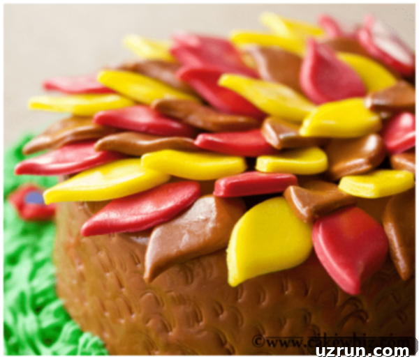 Thanksgiving Turkey Cake 3 Closeup Shot of Fondant Feathers on Top of Cake, showcasing intricate details of the Thanksgiving dessert.