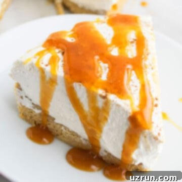 No-Bake Eggnog Cheesecake 5 Slice of No Bake Eggnog Cheesecake With Graham Cracker Crust and Caramel Sauce Drizzle on White Dish.
