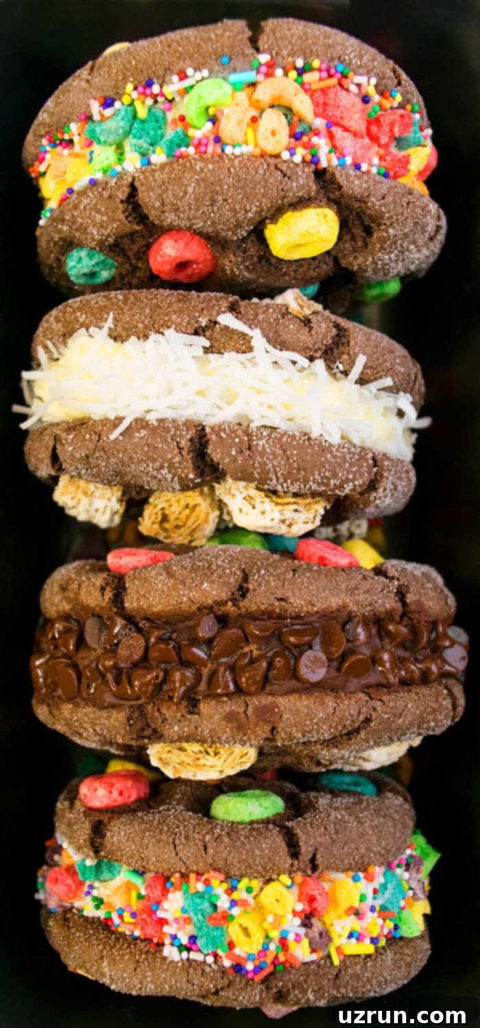 Easy Homemade Ice Cream Sandwiches with Cake Mix, featuring chocolate cookies and vanilla ice cream, in a black tray.