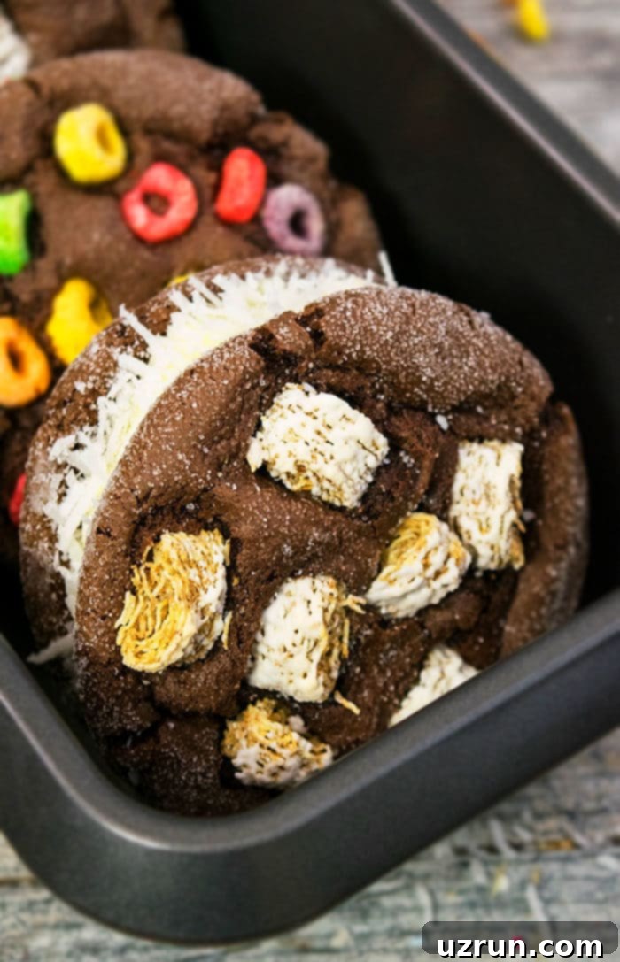 Easy Cake Mix Ice Cream Sandwiches 3 Two easy homemade frozen dessert sandwiches with cake mix cookies, one topped with Froot Loops and the other with Frosted Mini Wheats, on a black tray.