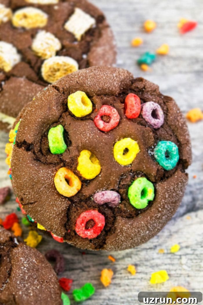 Easy Cake Mix Ice Cream Sandwiches 4 Chocolate cookies filled with ice cream and topped with colorful Froot Loops cereal, presented on a rustic gray background.