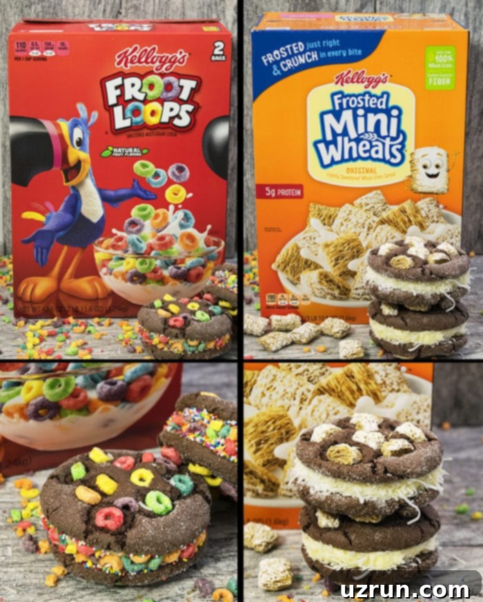Easy Cake Mix Ice Cream Sandwiches 5 Collage image featuring Kellogg's Froot Loops and Frosted Mini Wheats cereals used in dessert preparation, highlighting their versatility.