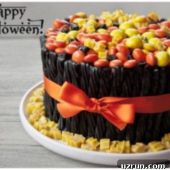 Twisted Twizzler Halloween Cake 2 Easy Halloween Cake Decorated With Candies and Black Twizzlers on White Dish.