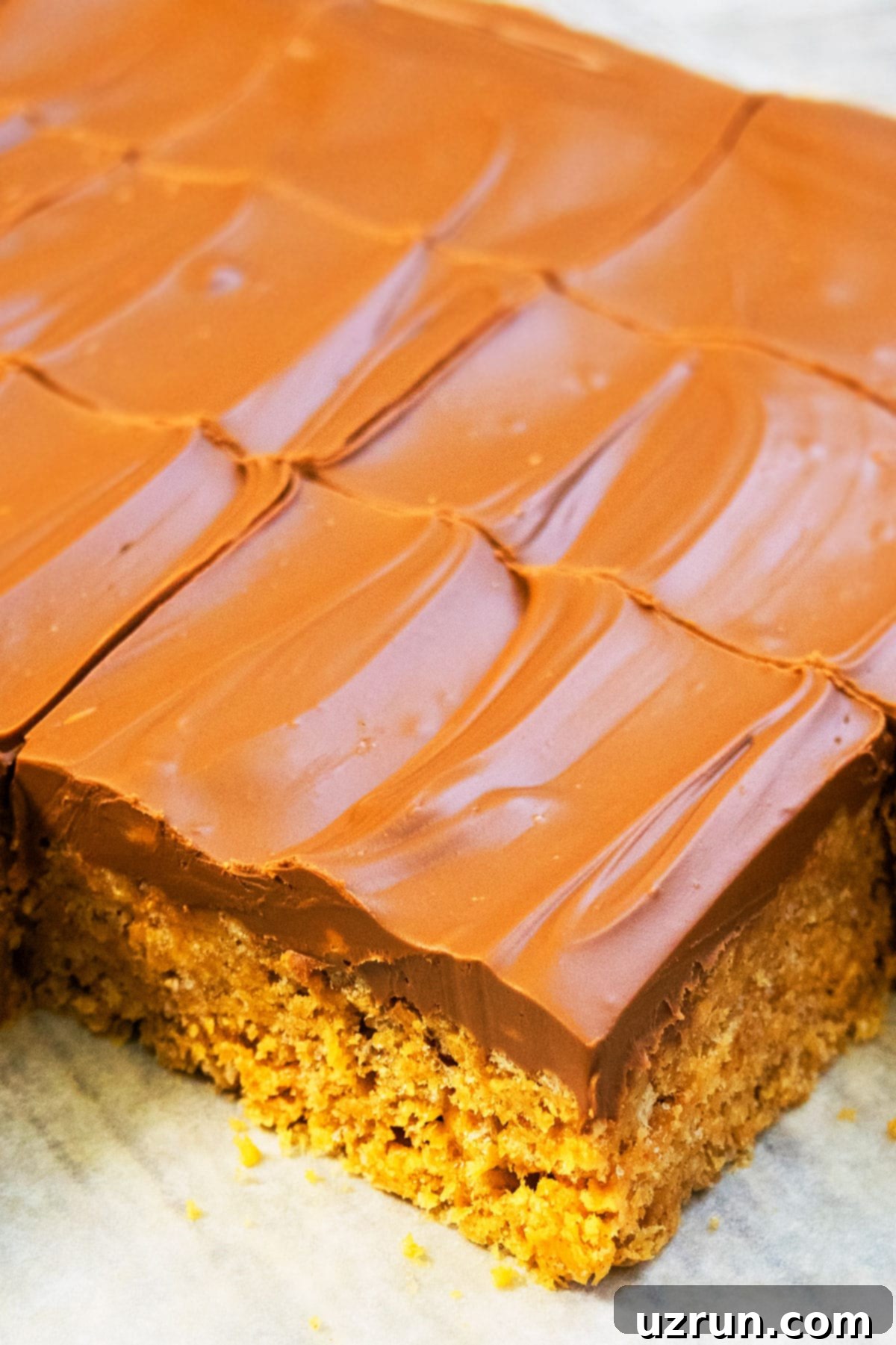 Easy Scotcheroos Without Corn Syrup 3 Closeup Shot of No Bake Chocolate Butterscotch Rice Krispie Bars on Rustic Gray Background.