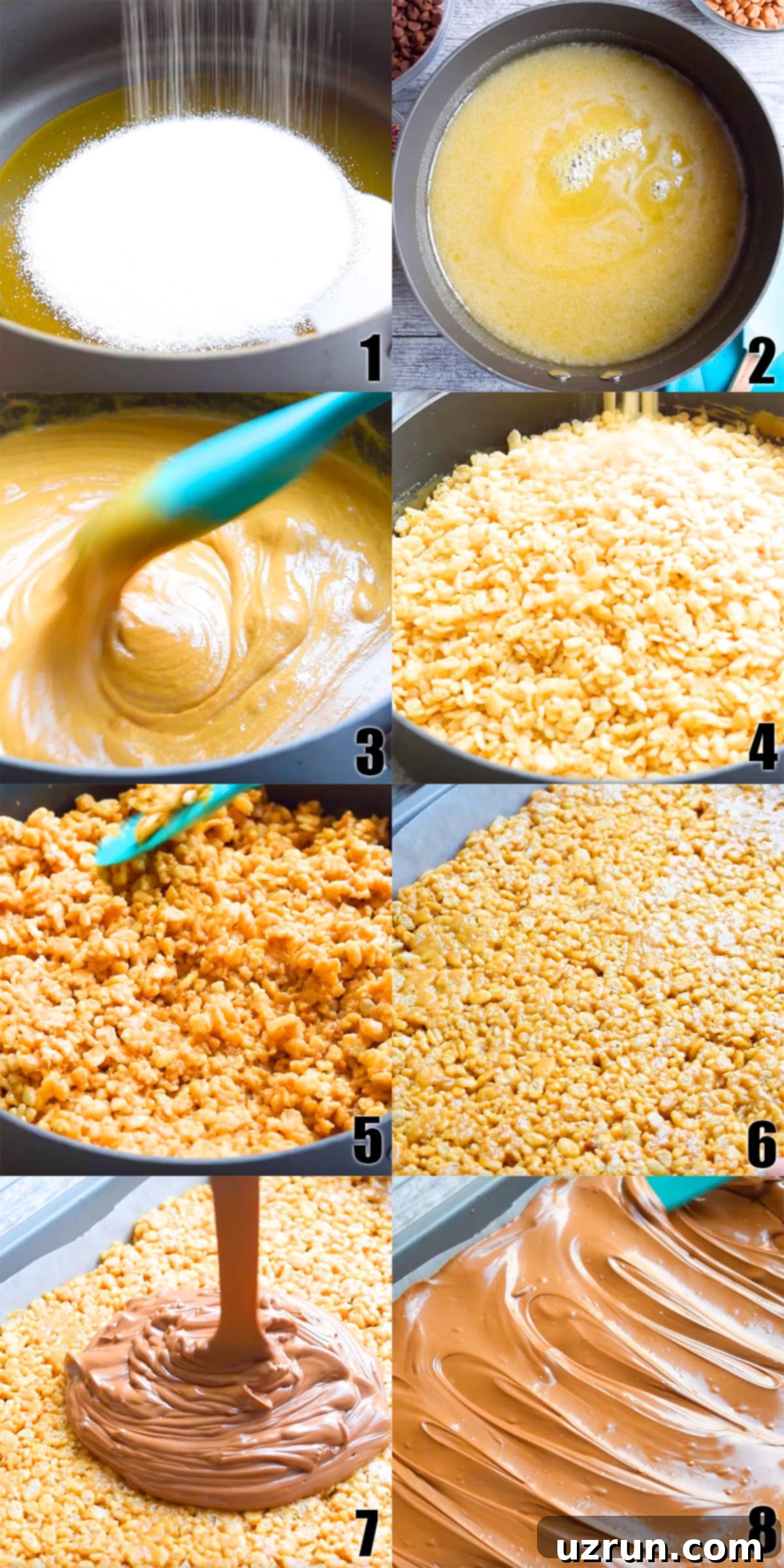 Easy Scotcheroos Without Corn Syrup 4 Collage Image With Step by Step Process Shots on How to Make Butterscotch Chocolate Scotcheroos Bars.