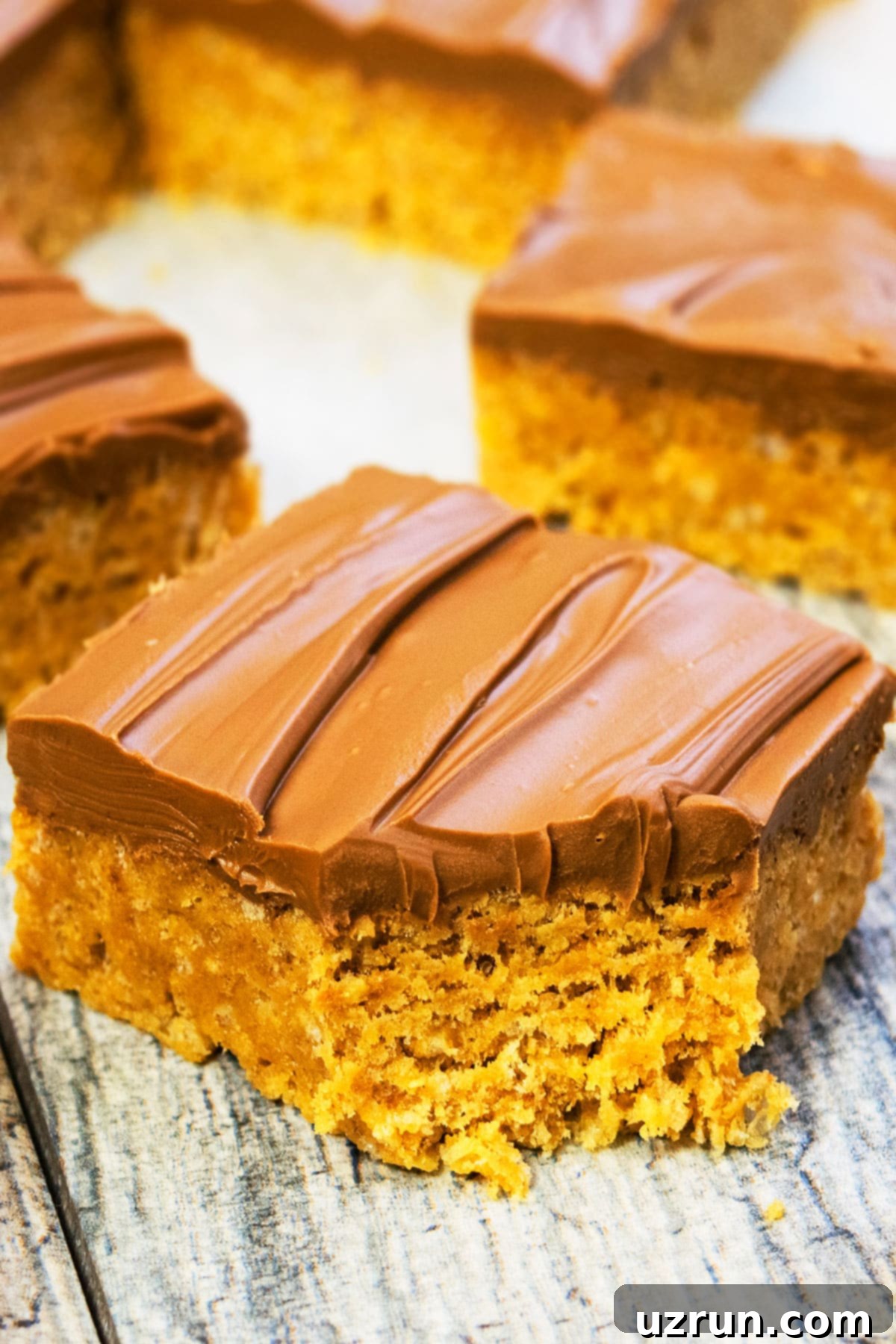 Easy Scotcheroos Without Corn Syrup 6 Partially Eaten No Bake Bar on Rustic Gray Background.