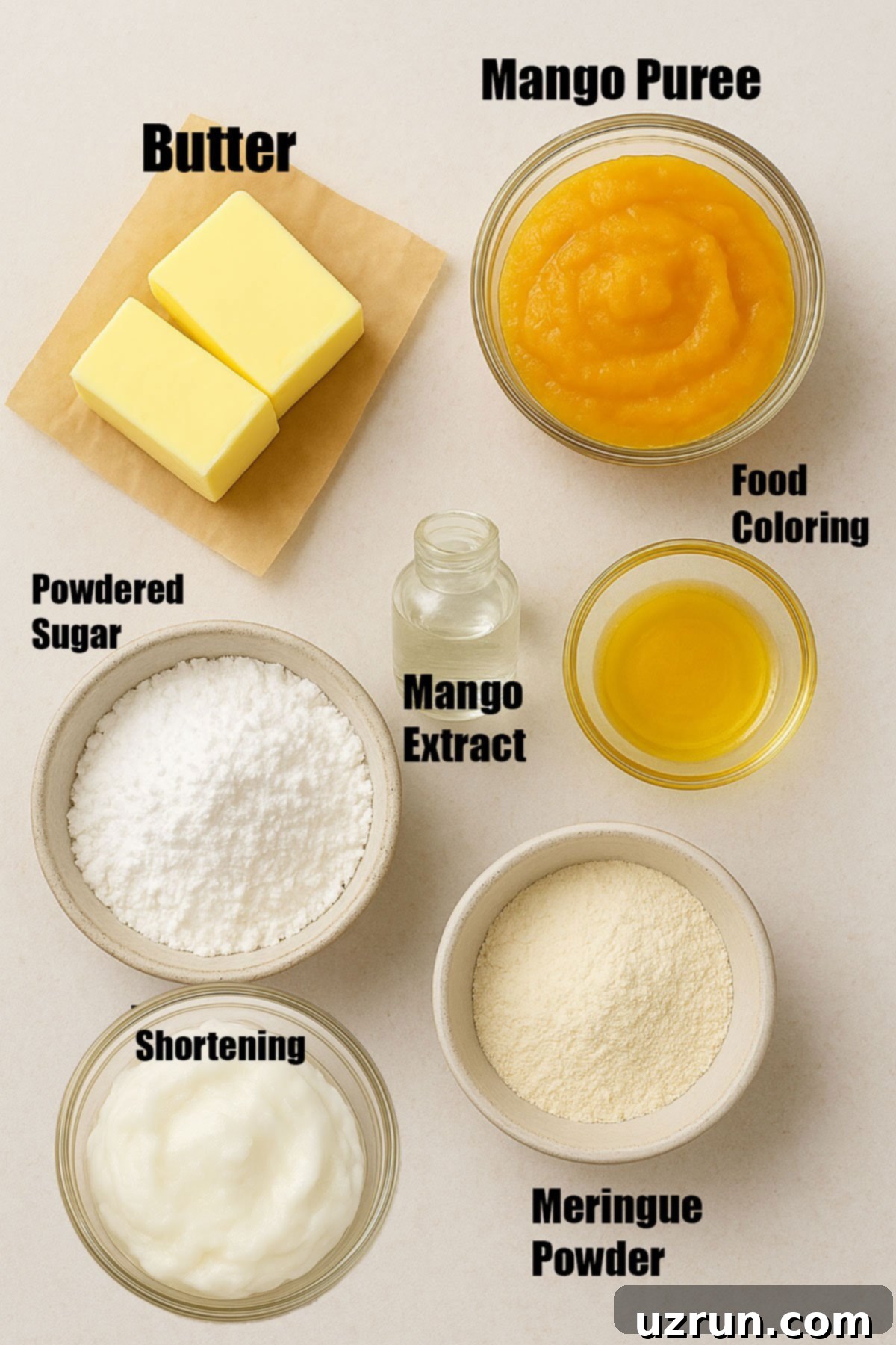 Easy Mango Buttercream Frosting 3 Image with ingredients in separate containers on beige background.