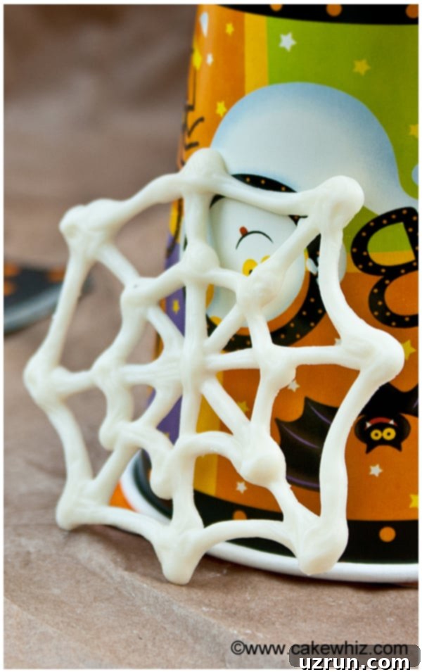 Easy White Chocolate Spider Web Cupcakes Toppers- Closeup shot
