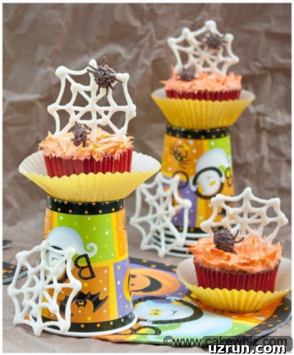 Simple Chocolate Spiderweb Cupcakes 3 Easy Halloween Cupcakes With Chocolate Cobwebs and Spiders With Seasonal Decor