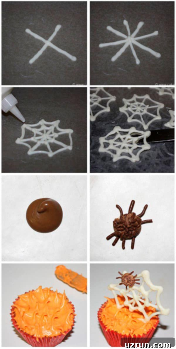 Simple Chocolate Spiderweb Cupcakes 4 Collage Image With Step By Step Pictures On How to Make Spider Web Cupcakes