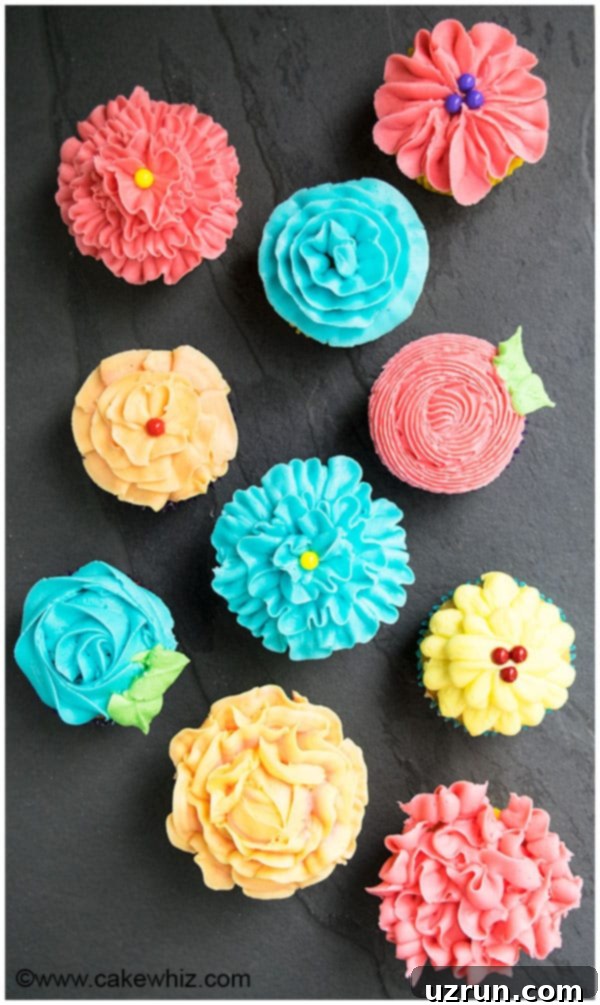 Mastering Cupcake Decoration 3 How to Frost Cupcakes (Flowers) With Buttercream Icing on Rustic Gray Background- Overhead Shot