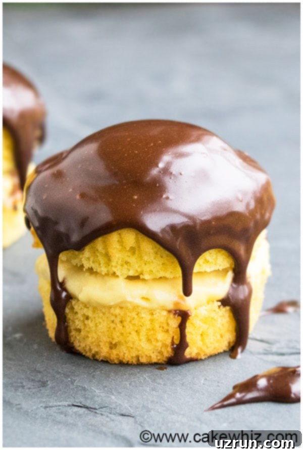 Boston Cream Dream Cupcakes 4 Boston Cream Cupcakes arranged on a gray background, showcasing their delicious appearance.