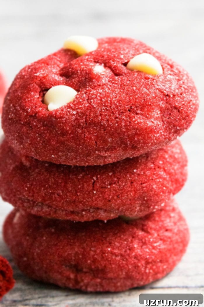 Stack of Easy Red Velvet Cookies With Cake Mix on Rustic Gray Background