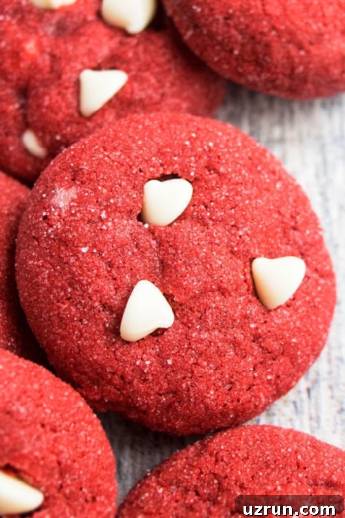Red Velvet Cake Mix Cookies 3 Easy Homemade Red Cookies With White Chocolate Chips on Rustic Gray Background- Closeup Shot