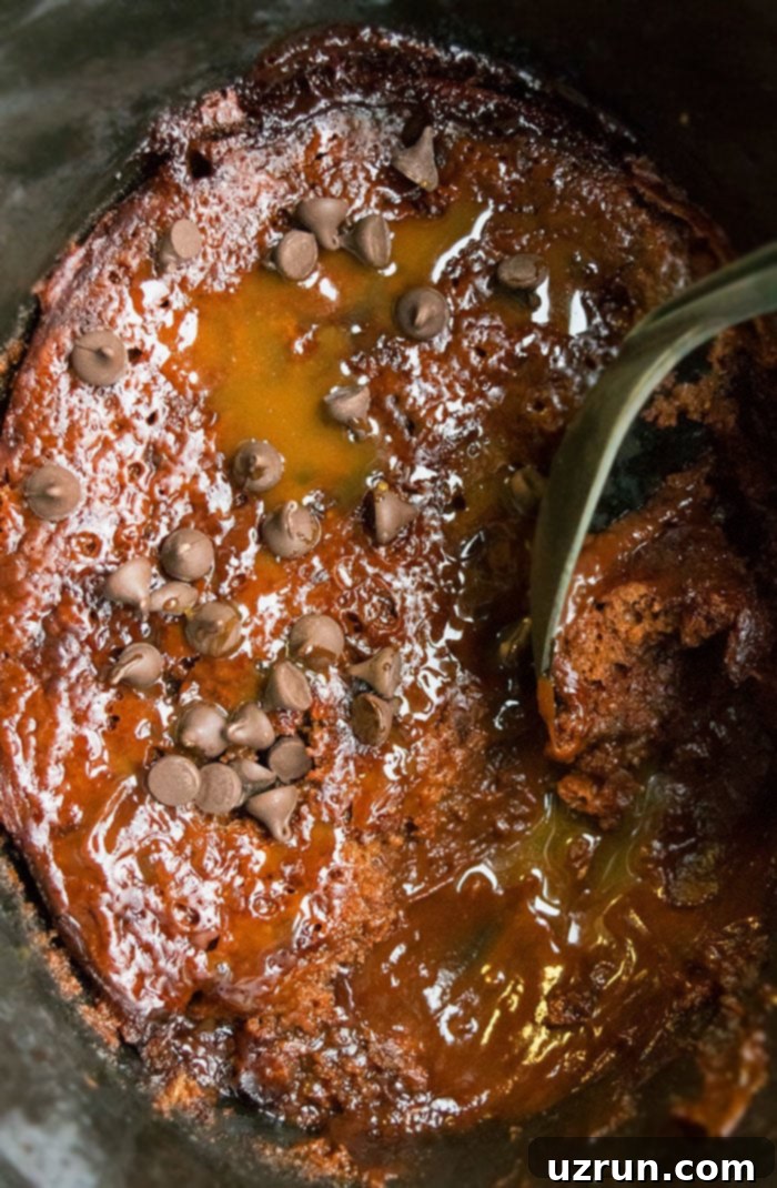 Easy Slow Cooker Chocolate Lava Cake With Cake Mix- Overhead Shot. A rich, warm chocolate cake with a molten center, perfect for dessert.