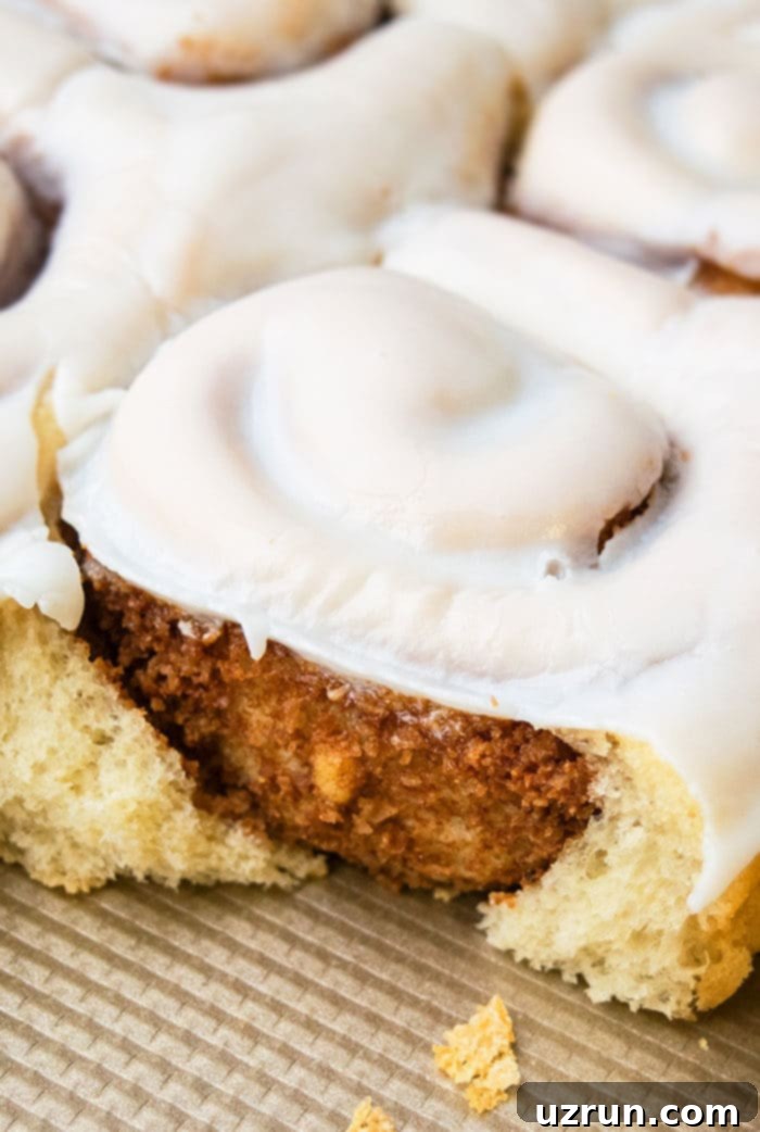 Foolproof One-Hour Homemade Cinnamon Buns 3 Quick and Easy Frosted 1 Hour Cinnamon Rolls on Baking Tray.