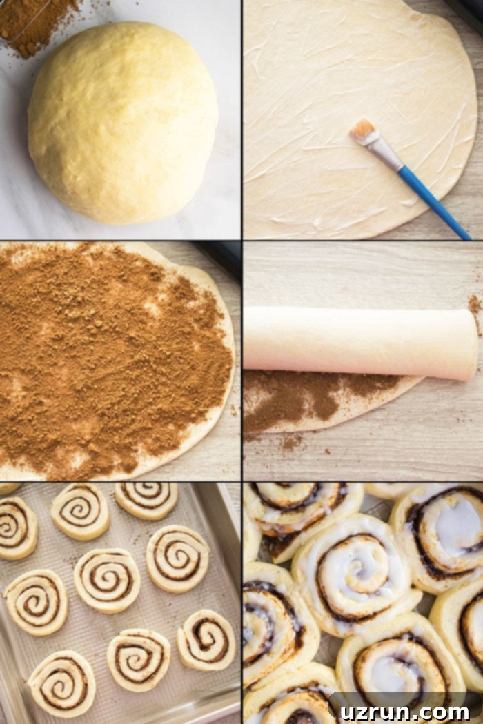 Foolproof One-Hour Homemade Cinnamon Buns 5 Collage Image With Step by Step Process Shots on How to Make Sweet Rolls.