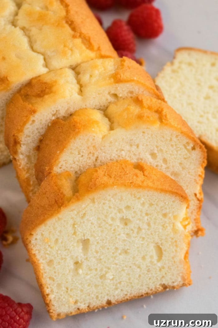 Classic Homemade Buttermilk Pound Cake 4 Slices of Buttermilk Pound Cake on White Marble Background.