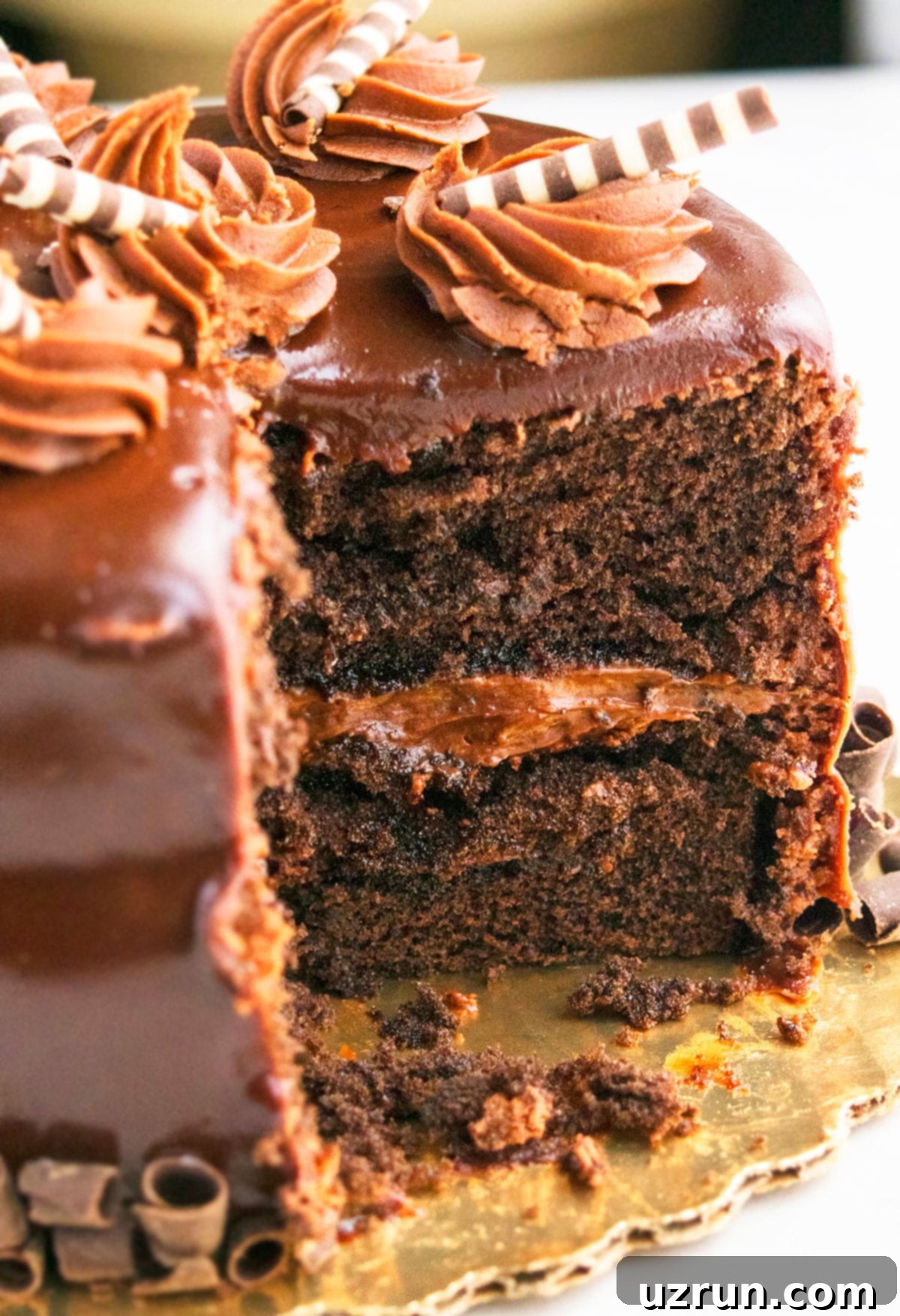 Decadent Chocolate Guinness Cake Made Easy 3 Chocolate Stout Beer Cake With One Slice Removed- Closeup Shot.
