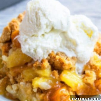 No-Fuss Peach Crumble Cake 6 Peach Dump Cake With Cake Mix in White Dish.