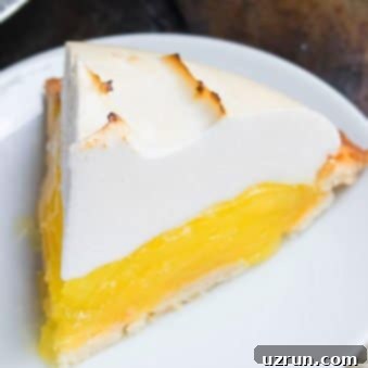 Lemon Meringue Pie That Never Weeps 13 Slice of Lemon Meringue Pie on White Dish.