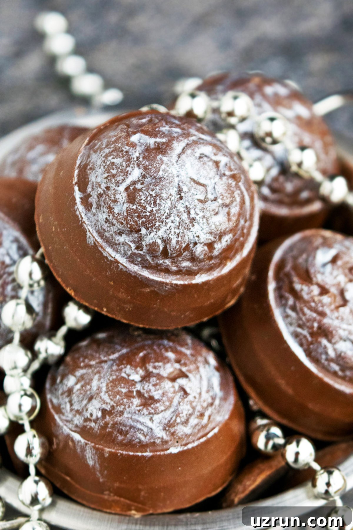 Easy Mocha Espresso Truffles 3 Stack of Decorated Chocolate Espresso Truffles - Closeup Shot.
