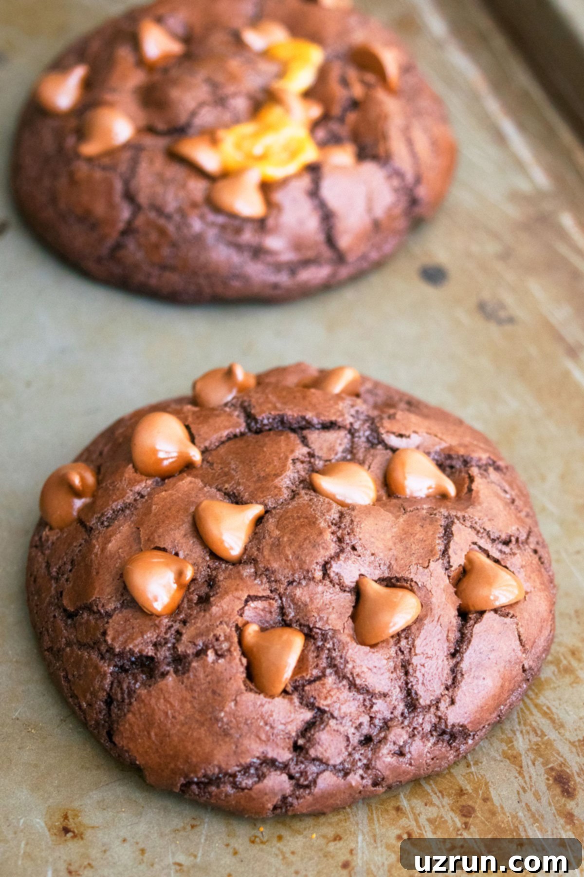 Stuffed Chocolate Caramel Cookies With Chocolate Chips on Baking Tray. 