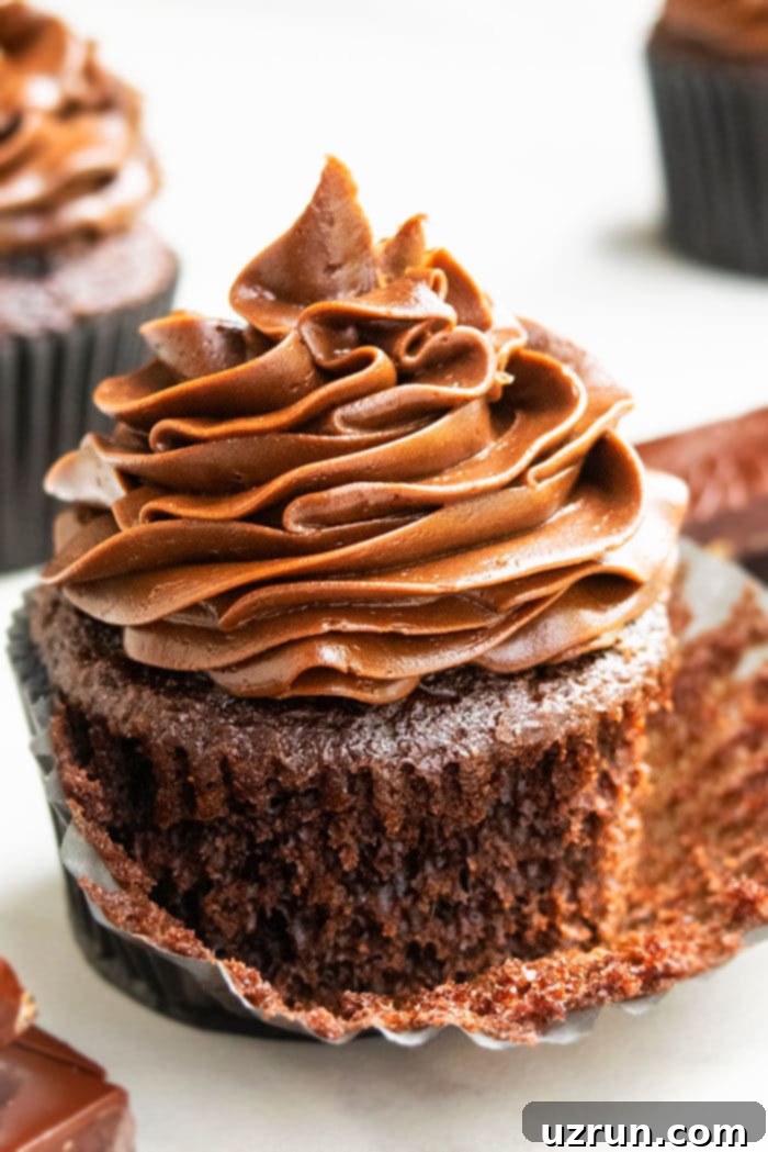 The Ultimate Chocolate Cupcake Recipe 4 Chocolate Cupcakes with Chocolate Frosting - Decorated chocolate cupcakes ready to serve