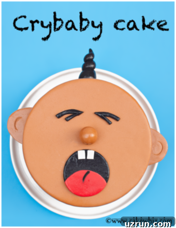 A Cry for Cake 5 crying baby cake close-up top view, showing the detail of the eyes, nose, and crying mouth