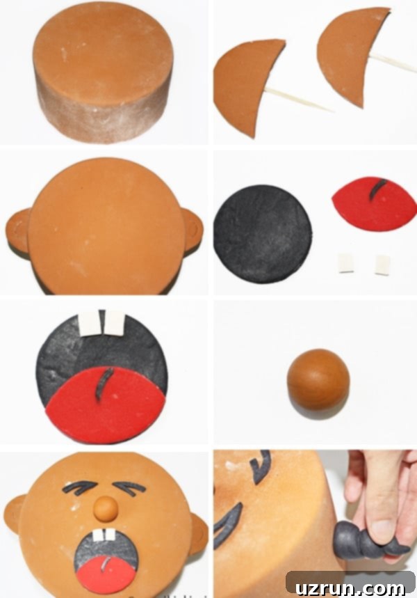 A Cry for Cake 6 Collage Image With Step by Step Process Shots on How to Make Fondant Baby Cake, showcasing various stages of fondant application.