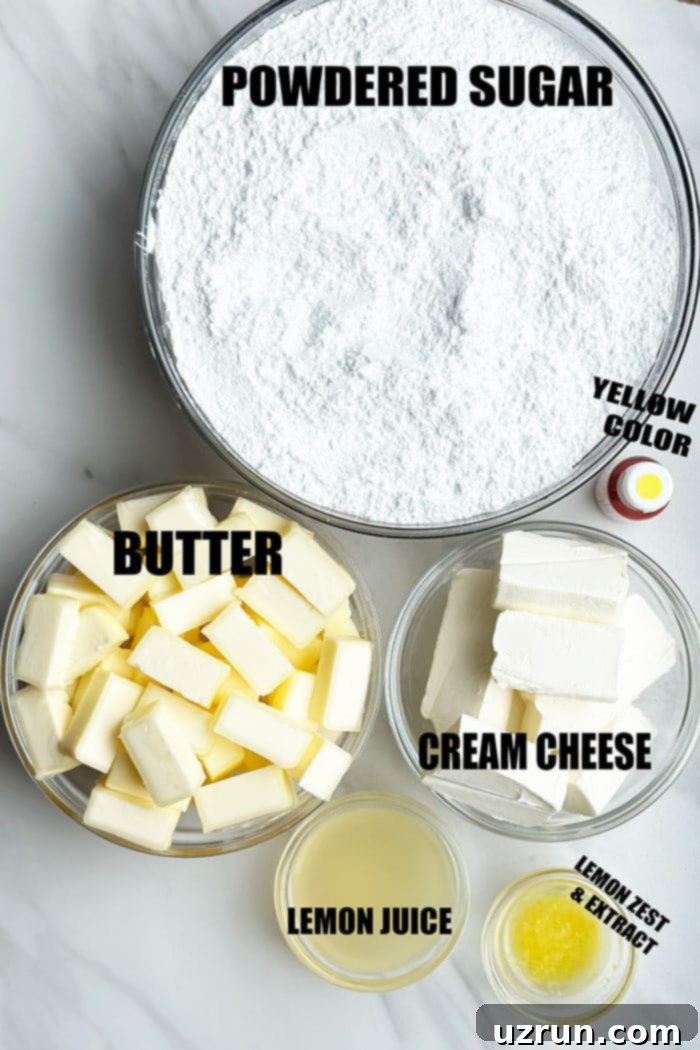 Sunshine Lemon Frosting 3 Ingredients For Lemon Icing in Glass Bowls on Marble Background