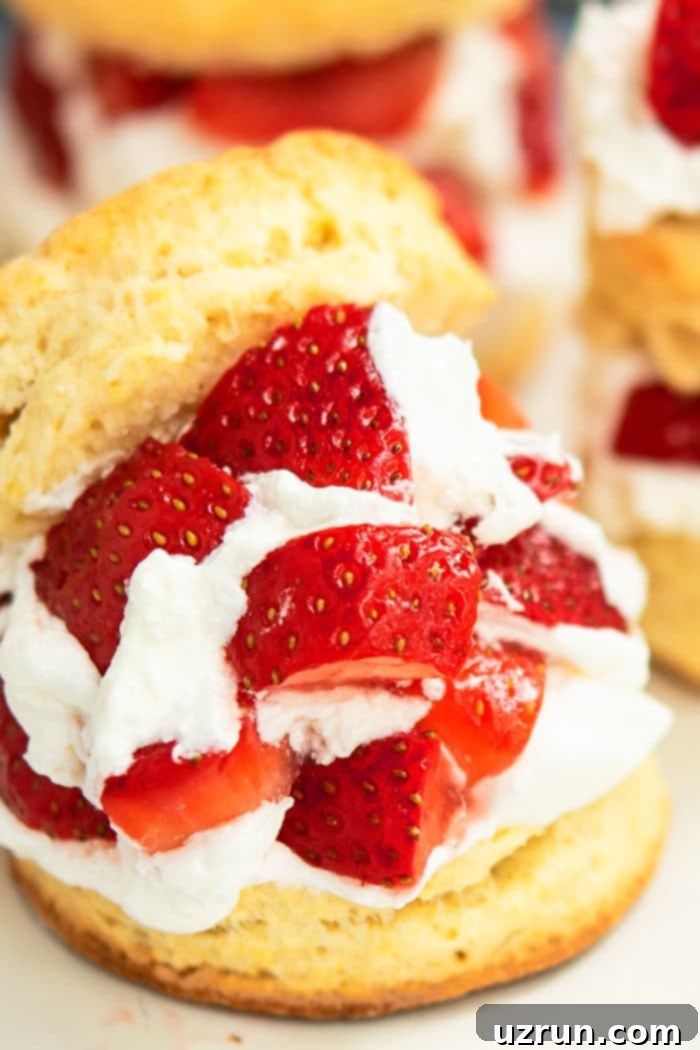 Easy Bisquick Strawberry Shortcake 4 Biscuits Filled With Macerated Strawberries and Whipped Cream on White Dish