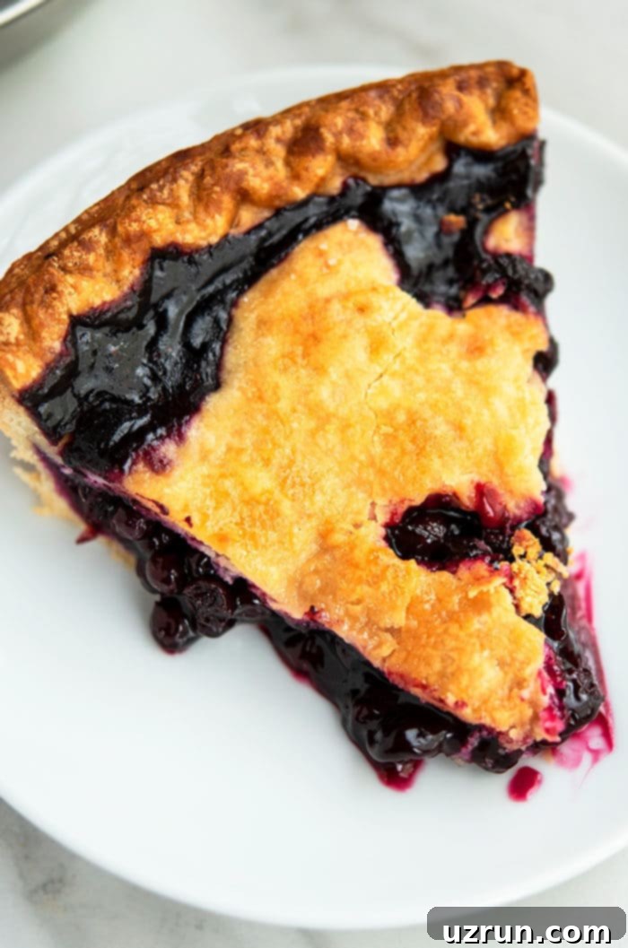 Easy Blueberry Pie With Fresh Or Frozen Berries 3 Slice of Homemade Pie in White Dish.