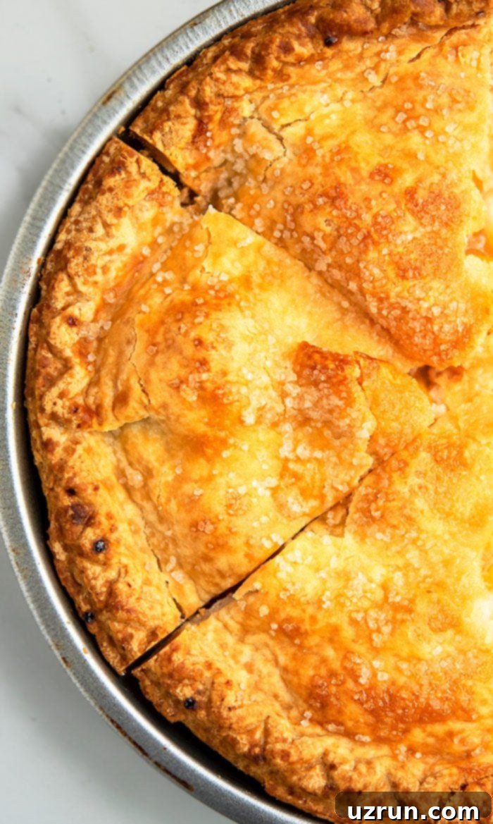 Easy Peach Pie with Fresh or Frozen Peaches 3 Overhead Shot of Golden Brown Crust on Pie.