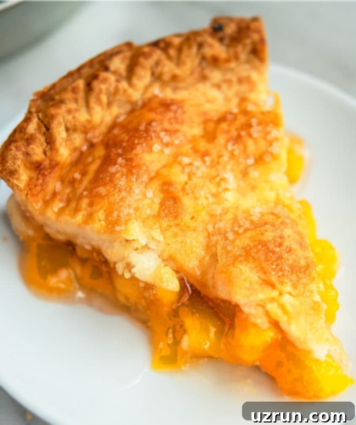 Easy Peach Pie with Fresh or Frozen Peaches 4 Slice of Pie on White Dish.