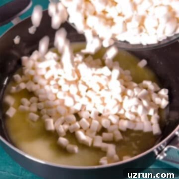 The Ultimate Guide to Perfect Rice Krispie Treats 5 Marshmallows being added to melted butter in nonstick pot.