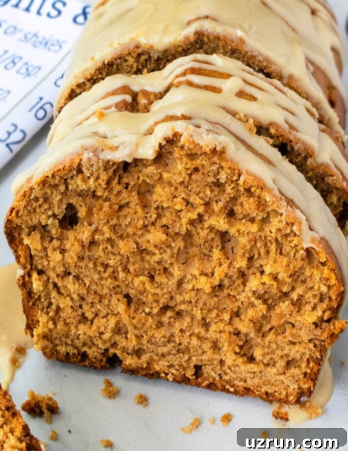 Easy Pumpkin Bread With Cake Mix and Maple Glaze- Closeup Shot.