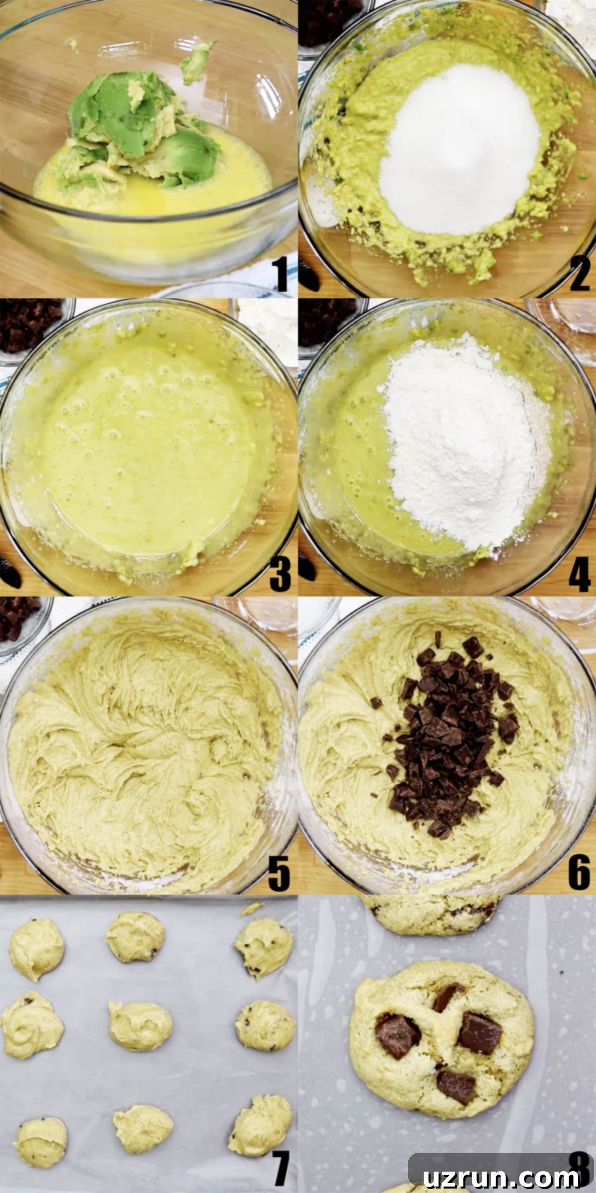 Delicious Avocado Chocolate Chip Cookies 3 Collage Image With Step by Step Process Shots on How to Make Avocado Chocolate Chip Cookies, showing mixing ingredients, scooping dough, and baked cookies.