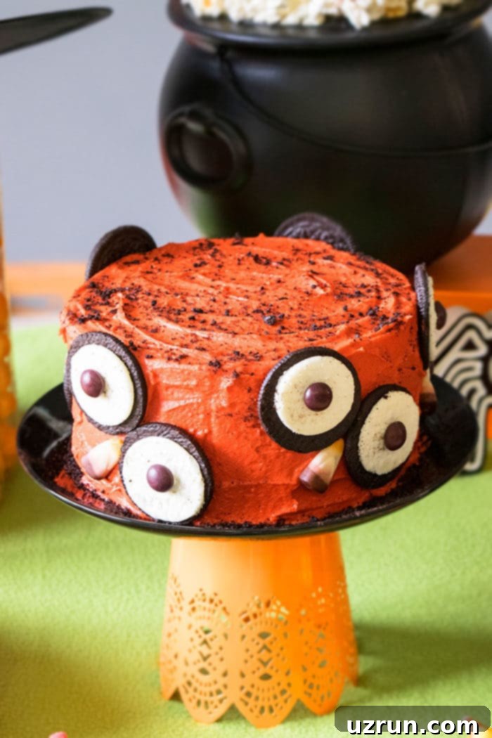 Easy Owl Cake for Kids Halloween Party 3 Easy Owl Cake With Oreo Eyes For Halloween on Orange and Black Cake Stand