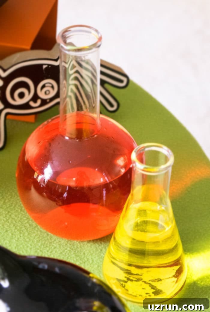 Easy Owl Cake for Kids Halloween Party 9 Halloween Drinks in Glass Beakers