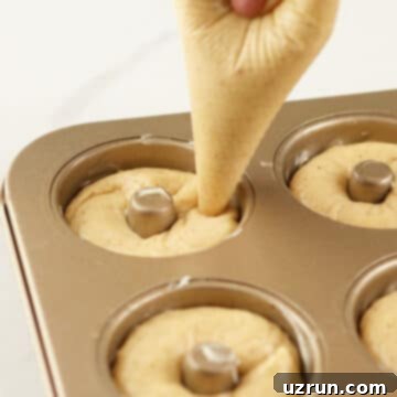 Baked Apple Cider Cake Donuts 9 Donut batter being piped into donut pan.