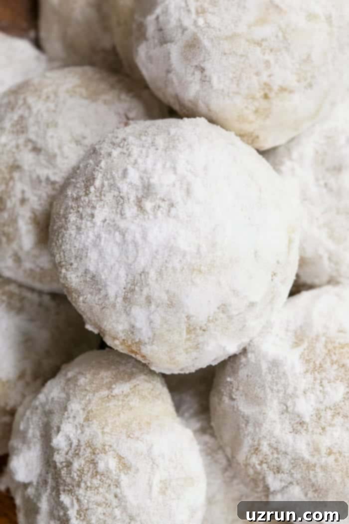 A close-up of homemade Mexican Wedding Cookies, showing their perfect round shape and powdered sugar coating.
