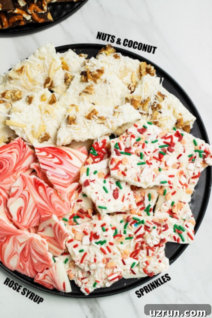 Whip Up Delicious Chocolate Bark 5 Beautiful White Chocolate Bark with various colorful toppings for the holidays
