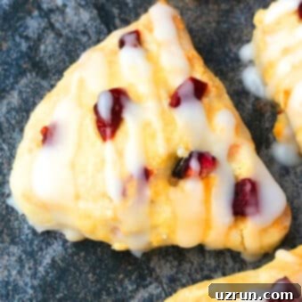 Effortless Glazed Cranberry Orange Scones 5 Easy Cranberry Orange Scones on Rustic Gray Background.