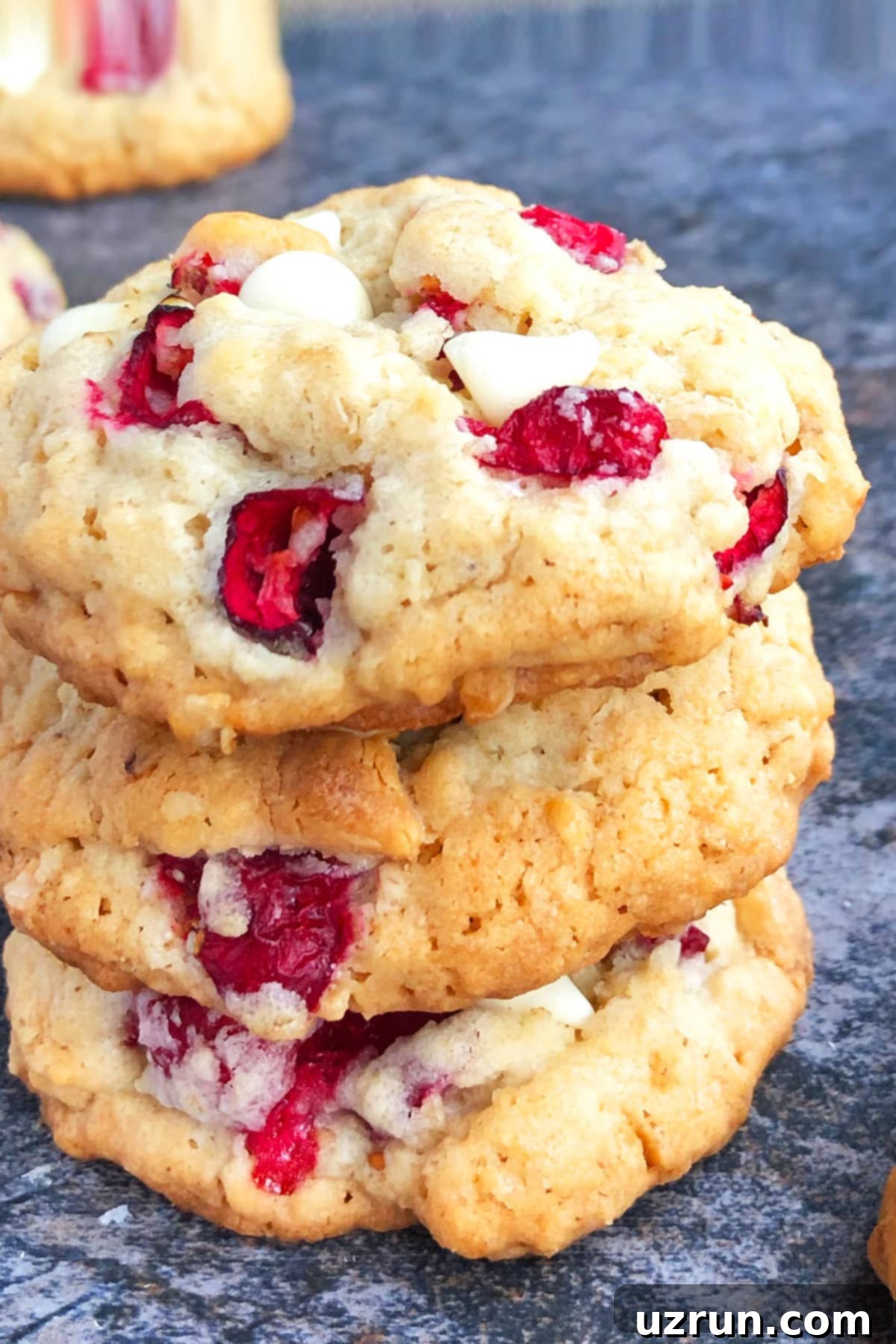 Stack of Fresh Cranberry Cookies With White Chocolate Chips and Oatmeal on Rustic Gray Background.