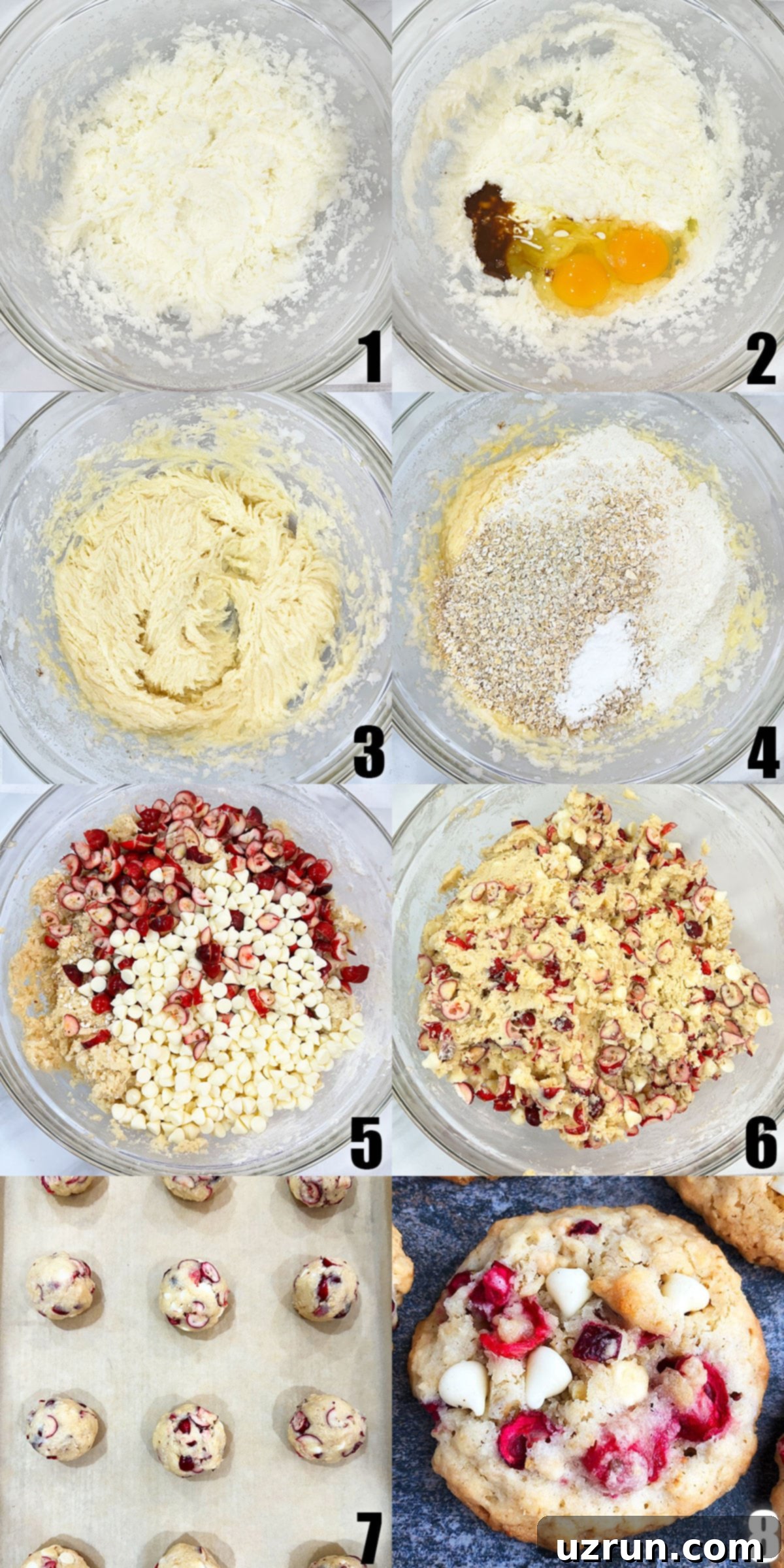 Bright Cranberry Orange White Chocolate Oatmeal Cookies 3 Collage Image With Step by Step Process Shots on How to Make Easy White Chocolate Cranberry Oatmeal Cookies.
