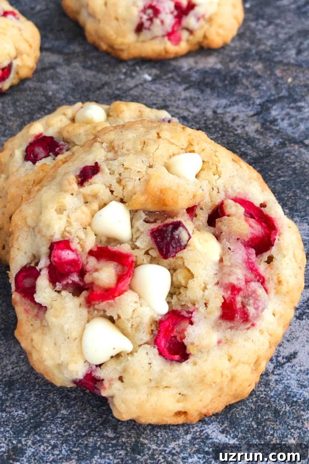 Bright Cranberry Orange White Chocolate Oatmeal Cookies 4 Closeup Shot of Christmas Cookies on Rustic Gray Background.