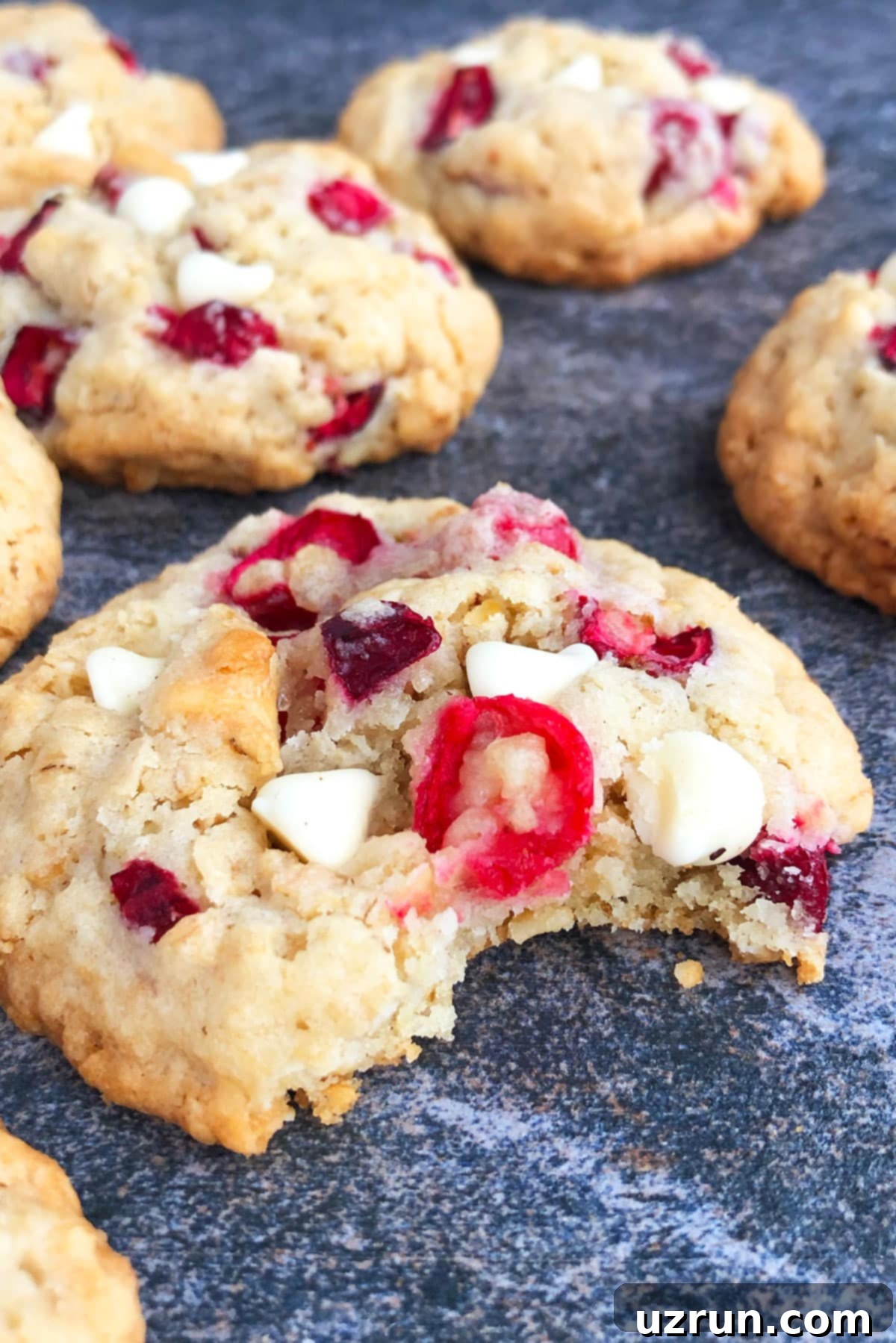 Bright Cranberry Orange White Chocolate Oatmeal Cookies 5 Partially Eaten Cookie on Rustic Gray Background.