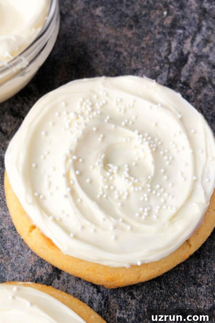 Easy Vanilla Sugar Cookie Frosting Swirl With White Sprinkles.